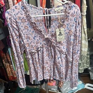 easel Lavender Pink Floral Ruffle-Trim Long Sleeve Blouse